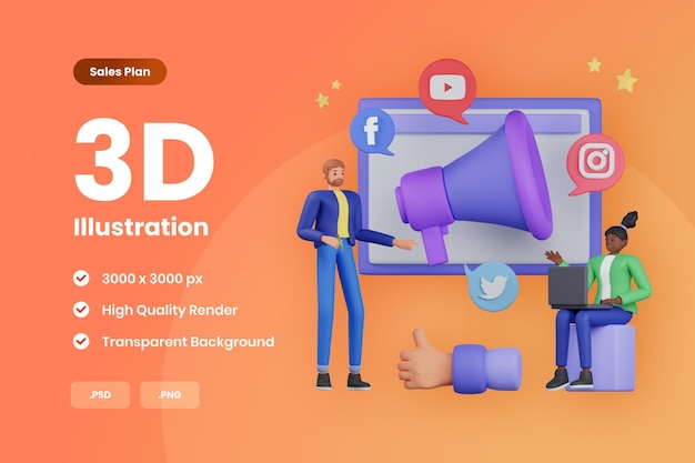 PSD 3d-иллюстрация анализ продаж в социальных сетях