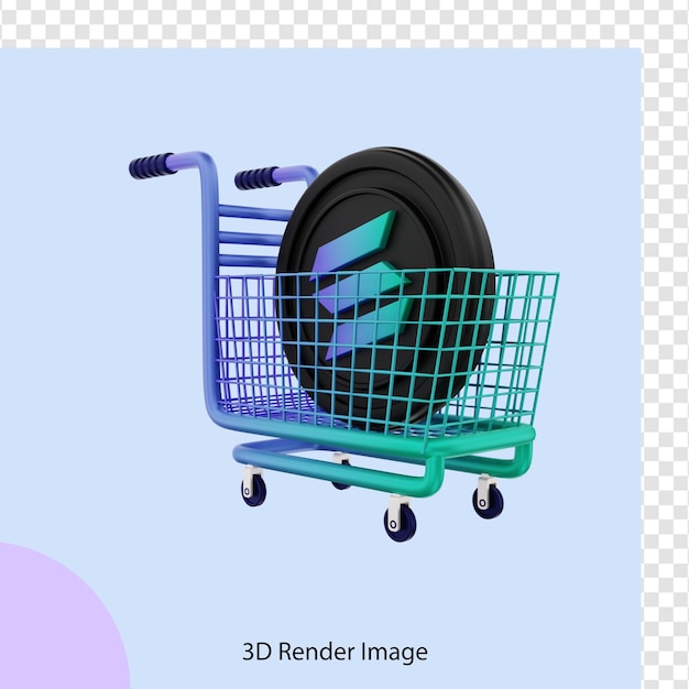 3d illustration solana crypto coin shopping cart