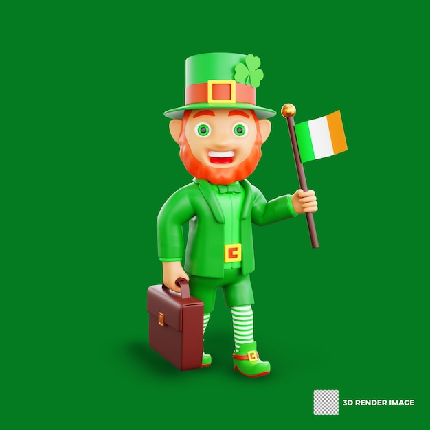 PSD illustrazione 3d del personaggio del giorno di san patrizio, un leprechaun che tiene la bandiera dell'irlanda e una valigetta