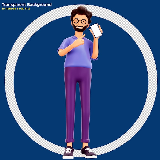 3d illustration of standing man holding smartphone and showing blank screen.