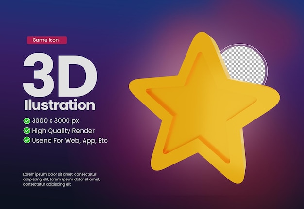 3d illustration star icon with game theme