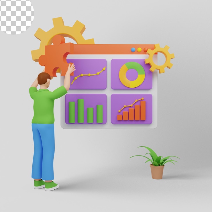 PSD 3d illustration. startup managers presenting and analyzing sales growth chart.