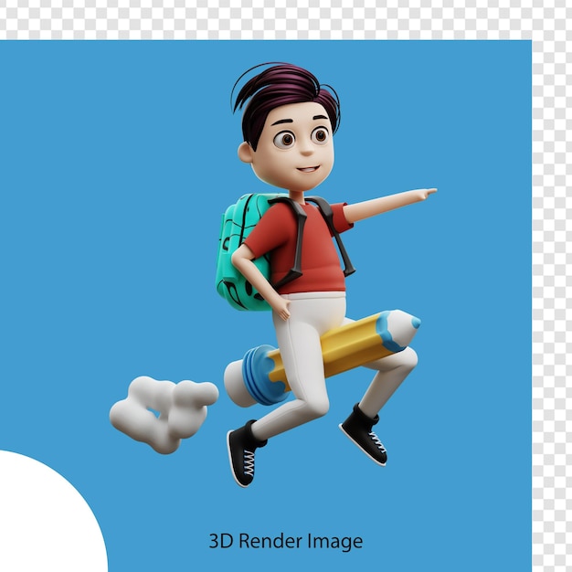 3d illustration student boy riding a pencil rocket