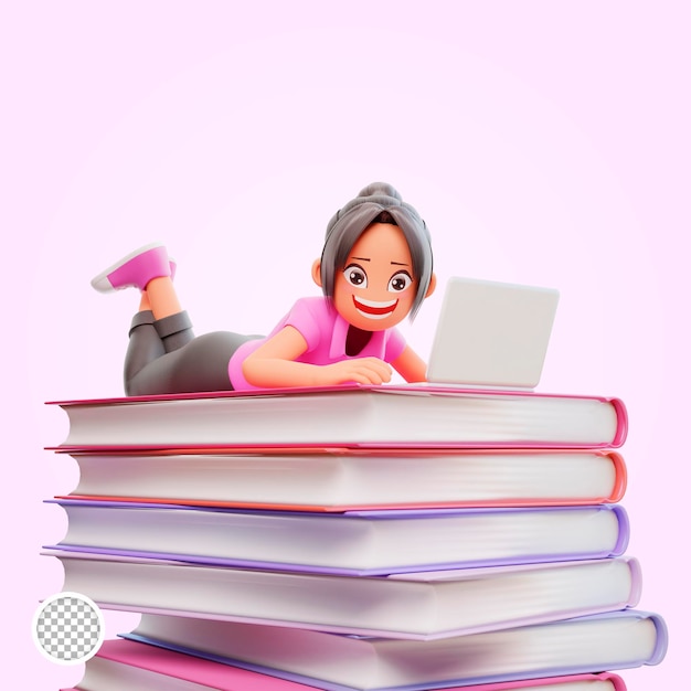 PSD 3d illustration student with laptop studying on online course