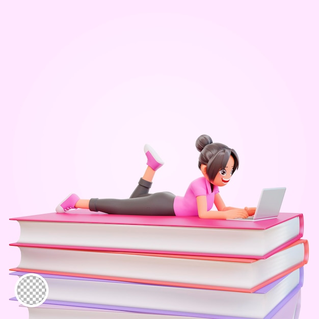 PSD 3d illustration student with laptop studying on online course