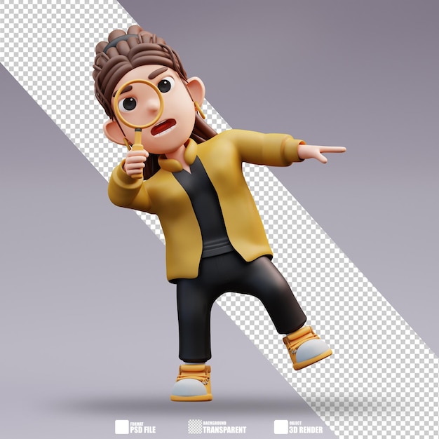 スタイリストの女の子が拡大鏡を握って立っている3Dイラスト