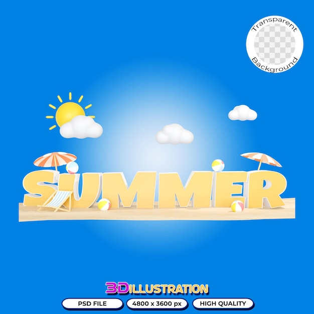 PSD 3d illustration of summer text with summer elements on a transparent background