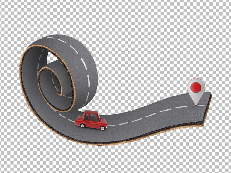 PSD 3d illustration of swirl road with car and location icon creative design of swirl highway road psd