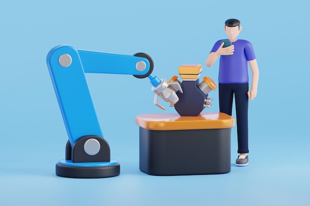 スマートフォンでロボット腕を制御する技術者の3Dイラスト