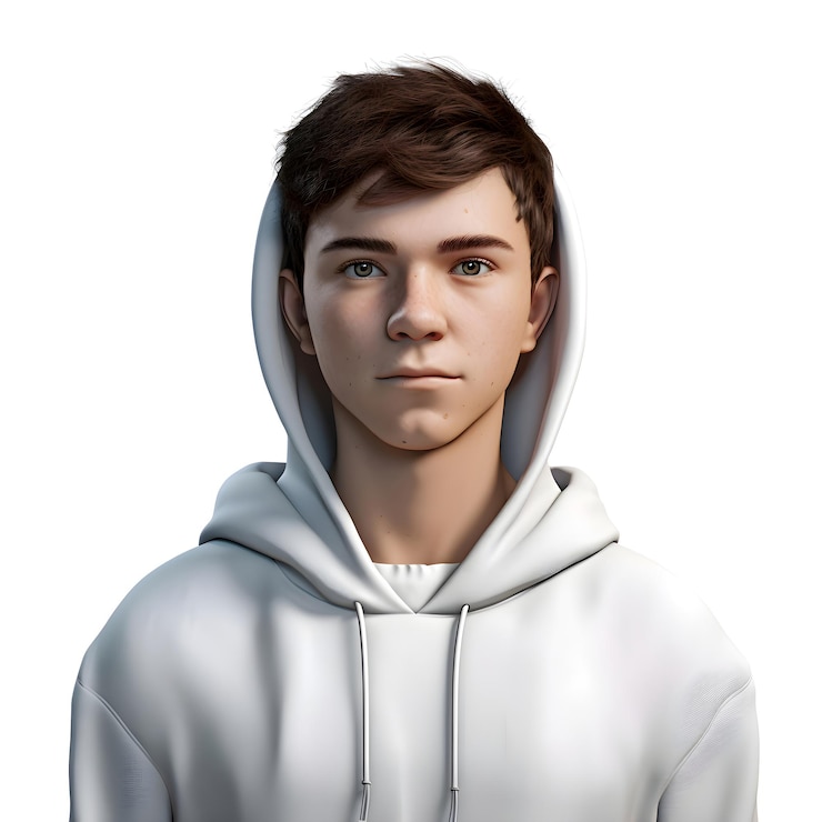 PSD 3d illustration of a teenage boy in a white hoodie