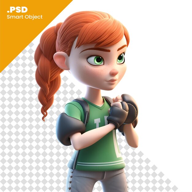 3d illustration of a teenage girl with red hair and green baseball gloves psd template