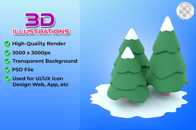 3d illustration of three pine trees on the snow on transparent background