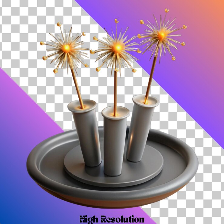 PSD 3d illustration of three sparkling fireworks on a silver tray