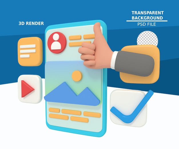 3d illustration of thumbs up profile content