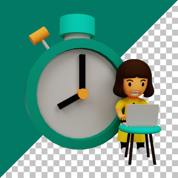 PSD 3d illustration time management with female play laptop