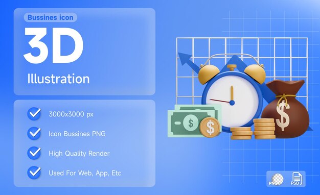 PSD 3d illustration of time money clock money bag and pile of coins business