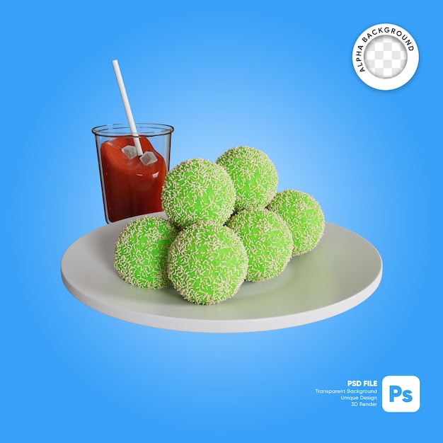 PSD 3d illustration of traditional indonesian food klepon on a plate with ice tea