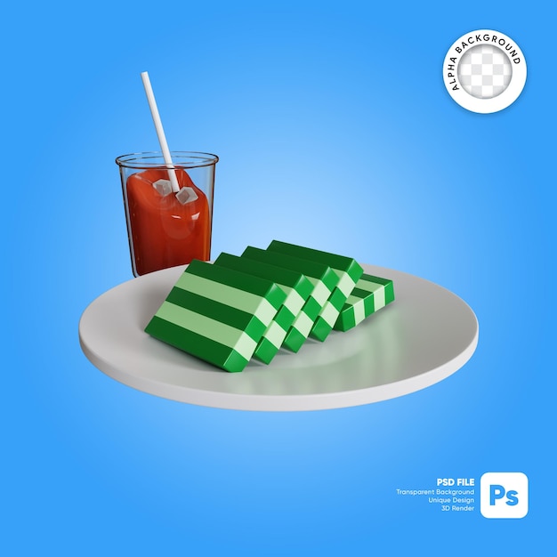 3d illustration of traditional indonesian food lapis cake on a plate with ice tea