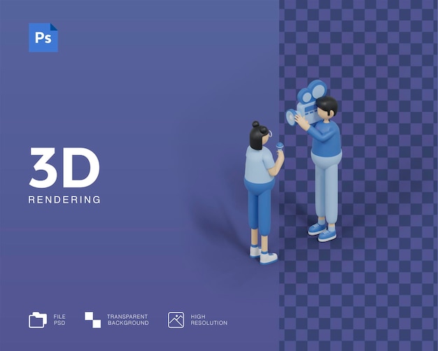 PSD 3dイラストレーションtvジャーナリストまたはニュースレポーターのコンセプト。カメラ付きキャラクター