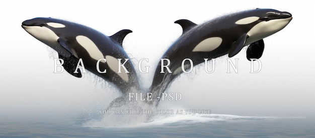 3d illustration of two killer whales jumping in the open sea white background