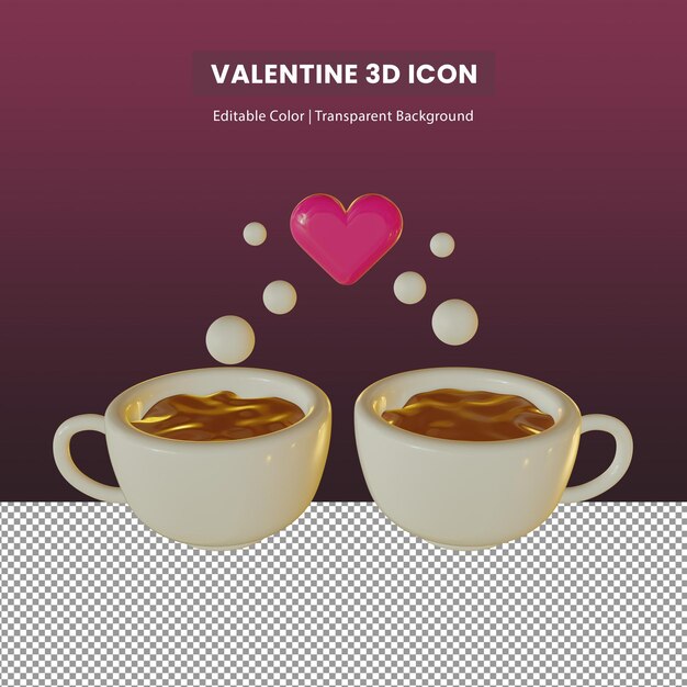 PSD 3d illustration of two mugs of coffee with a heart in the middle for valentines day