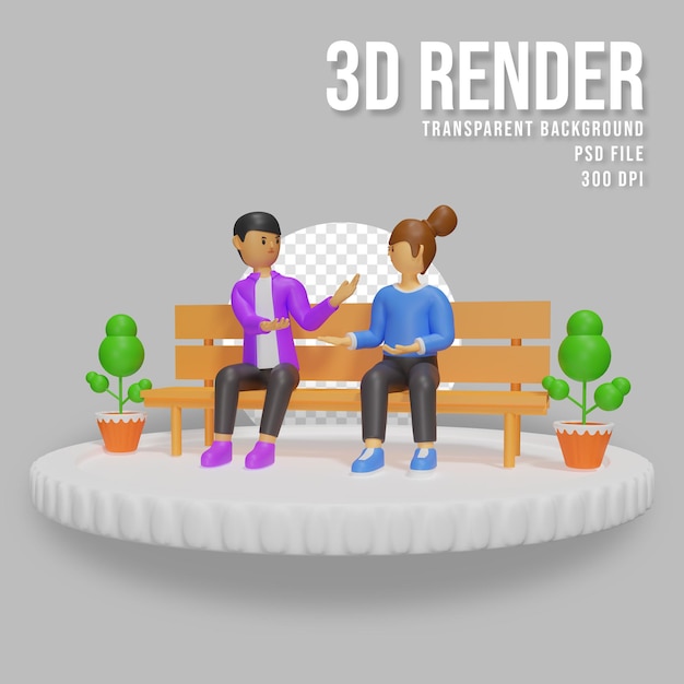 PSD 3d illustration of two people discussing sitting on a park bench