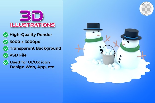 3d illustration of two snowman characters with a bucket filled with snowballs on transparent