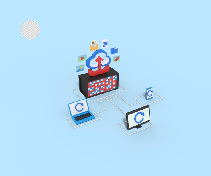 PSD 3d illustration of upload file in cloud  server