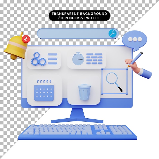 モニターとキーボードを備えたユーザーインターフェースの3Dイラスト