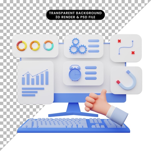 Illustrazione 3d dell'interfaccia utente con monitor e tastiera