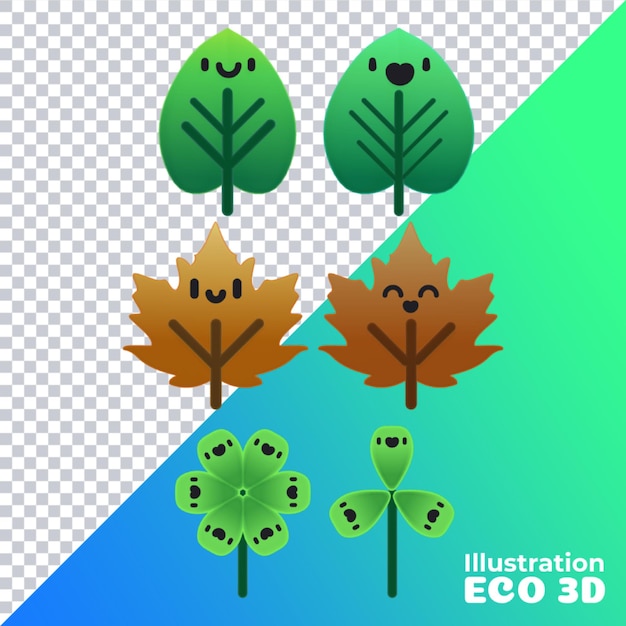 PSD illustrazione 3d di varie foglie ecofriendly