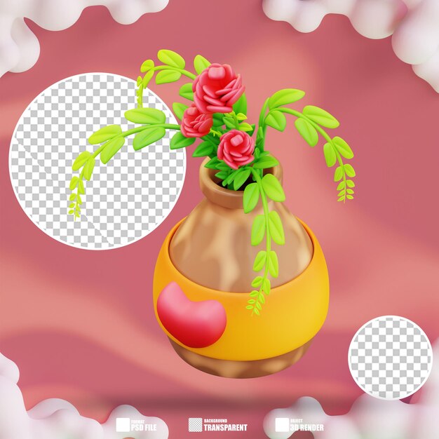 Illustrazione 3d di un vaso di fiori d'amore 2