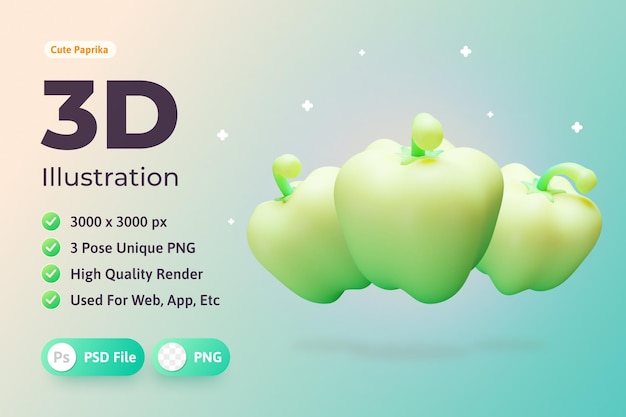 Illustrazione 3D Verdura, paprica verde Utilizzato per la stampa, il web, l'app, l'infografica, ecc