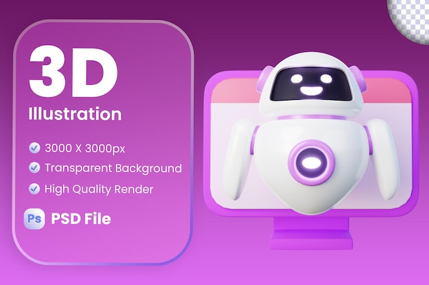 PSD 3d illustration of virtual assistant robot on pc