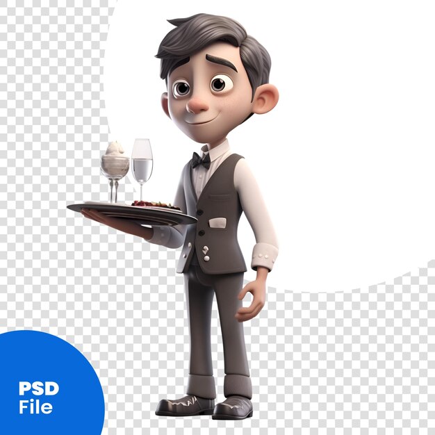 Illustrazione 3d di un cameriere con un vassoio e un bicchiere di modello psd di vino