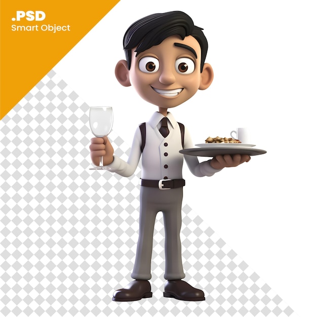 PSD illustrazione 3d di un cameriere con un vassoio e un bicchiere di vino modello psd