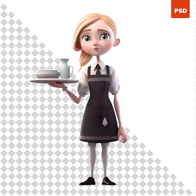 3d illustration of a waitress with a tray and a cup