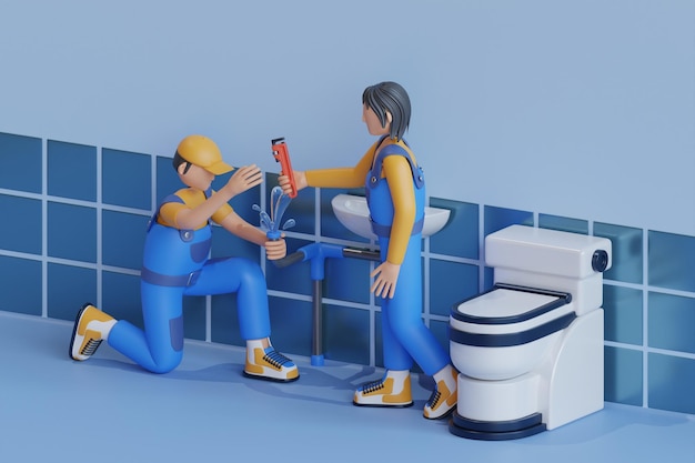 PSD illustrazione 3d dell'idraulico per la riparazione di perdite di tubi dell'acqua nel servizio di riparazione di impianti idraulici del bagno