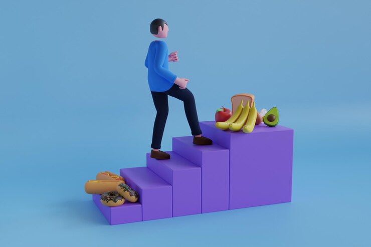 PSD 3d illustration of weight loosing steps healthy lifestyle how to stop eating fast food