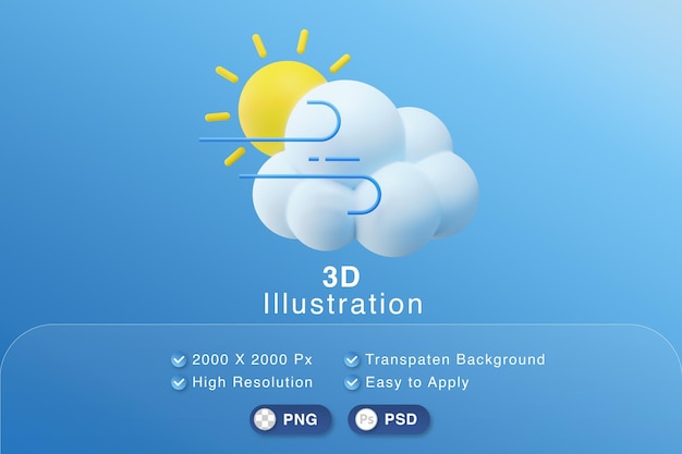 PSD 3dイラストの白い雲、太陽、風の強い天気予報