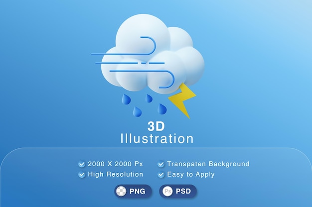 PSD illustrazione 3d nuvola bianca, previsioni meteo ventose, piovose e fulminee