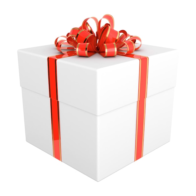 3D illustration of white gift box with red ribbon isolated on transparent background