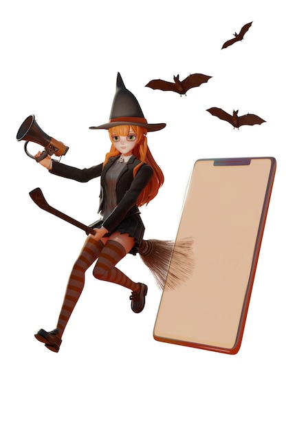 3d-иллюстрация ведьма с хэллоуинской метлой концепция онлайн-покупок цифровой маркетинг на веб-сайте и в мобильном приложении
