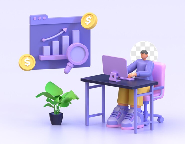 PSD 3d illustration with character financial management in a company