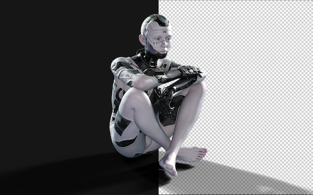 PSD illustrazione 3d di una donna ai cyborg posa su sfondo nero con percorso di ritaglio progetto ai