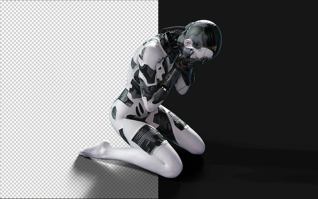 黒い背景の女性AIサイボーグのポーズとクリッピングパスのAIプロジェクトの3dイラスト