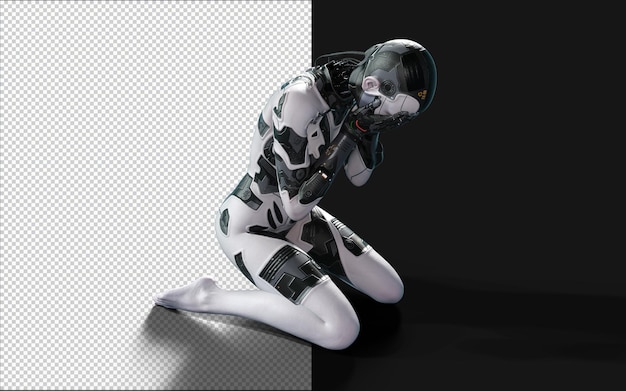 PSD 3d illustration of a woman ai cyborg pose on black background with clipping path ai project