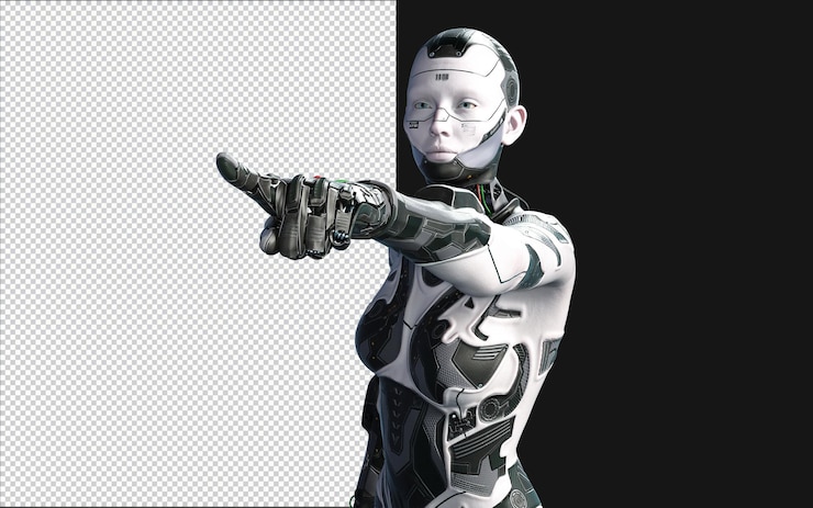 PSD 3d illustration of a woman ai cyborg pose on black background with clipping path ai project