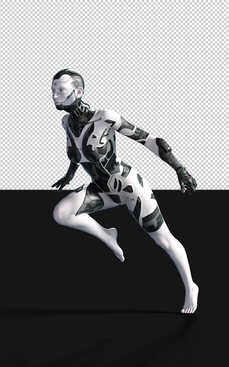 PSD 3d illustration of a woman ai cyborg pose on black background with clipping path ai project