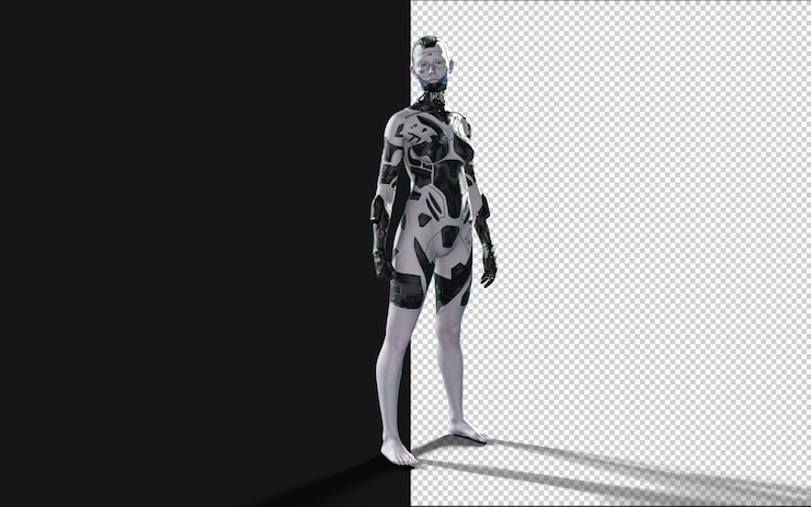 PSD 3d illustration of a woman ai cyborg pose on black background with clipping path ai project